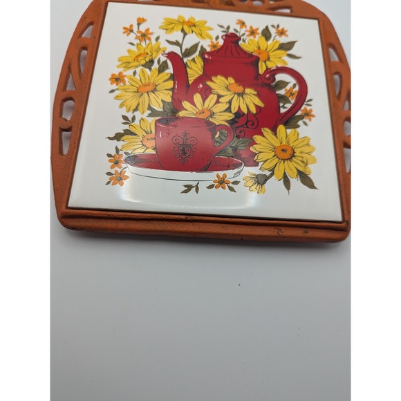 Vintage Orange Cast Iron Trivet Hot Pad Red Teapot Yellow Floral FM Japan - Picture 4 of 9